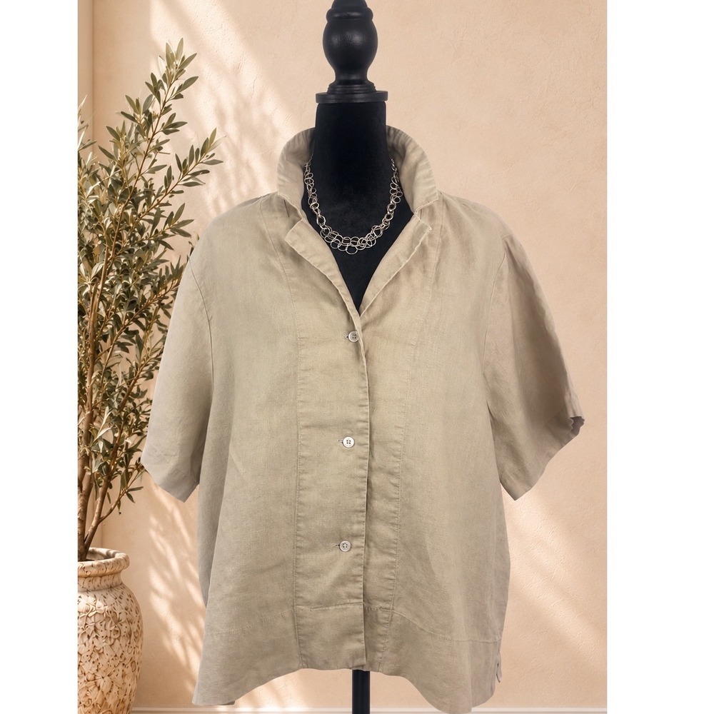 Quince 100% European Linen Short Sleeve Button Down Shirt Khaki Beige XL